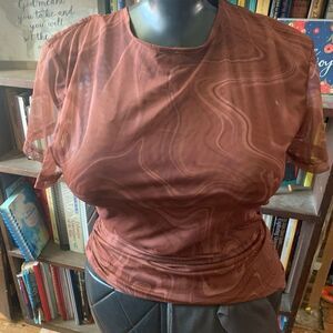 House of CB brown marbled L semi sheer ruched short sleeve blouse